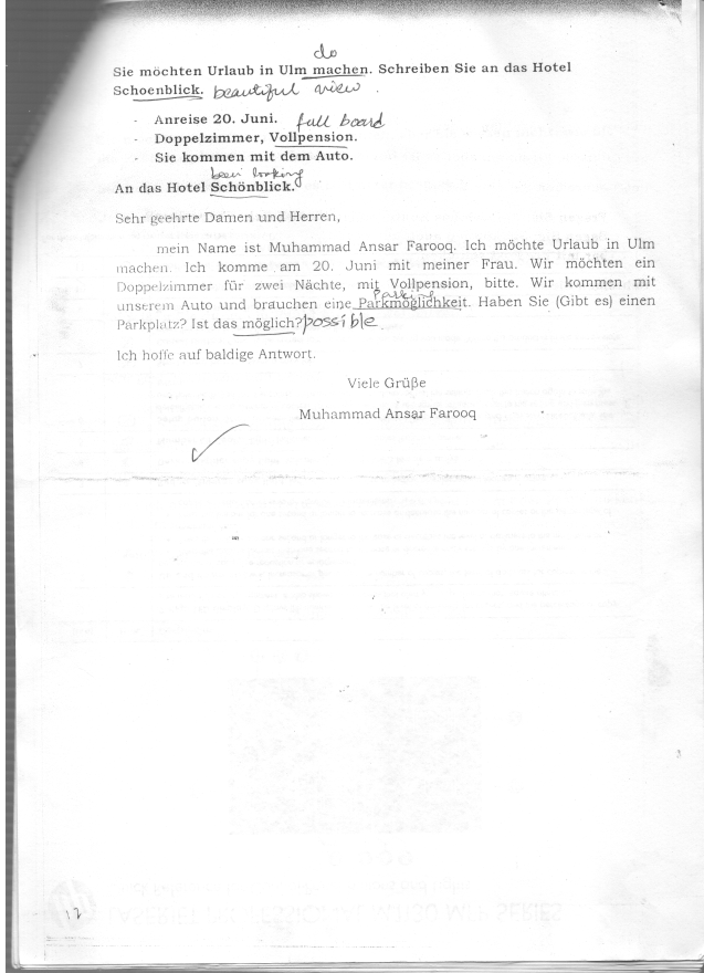 Hotel Ulm formal letter from class